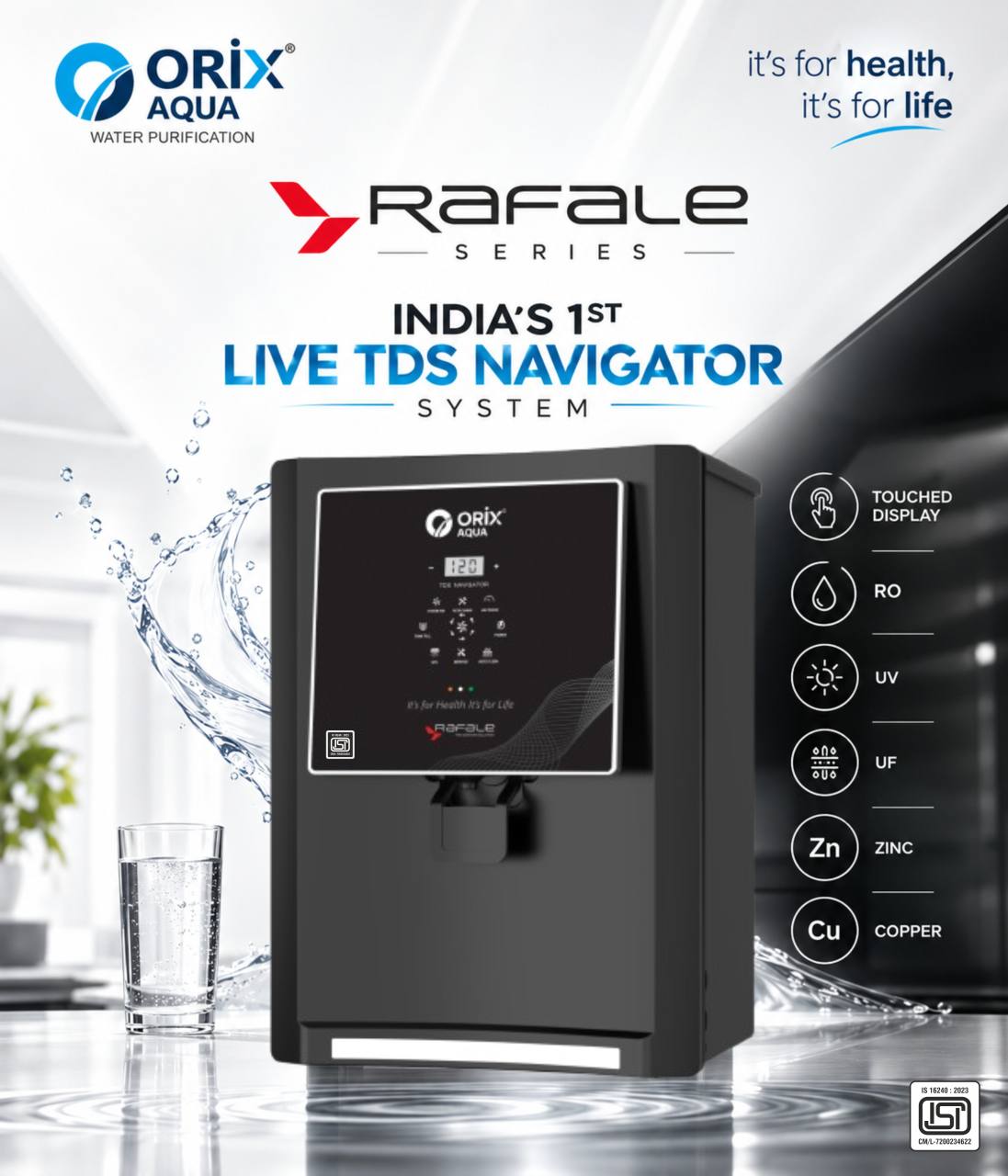 Orix Aqua Rafale Series digital RO with touch display and live TDS navigator.